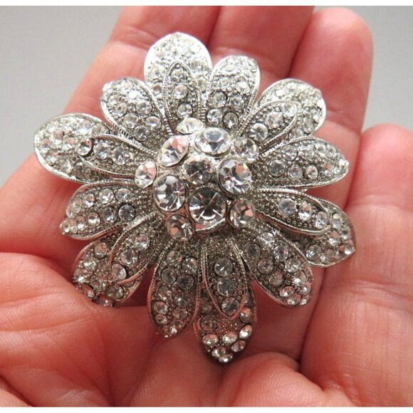 Unbranded Jewelry - Vintage Flower Brooch Clear Rhinestone Encrusted Dome 2" Pin Silver Tone